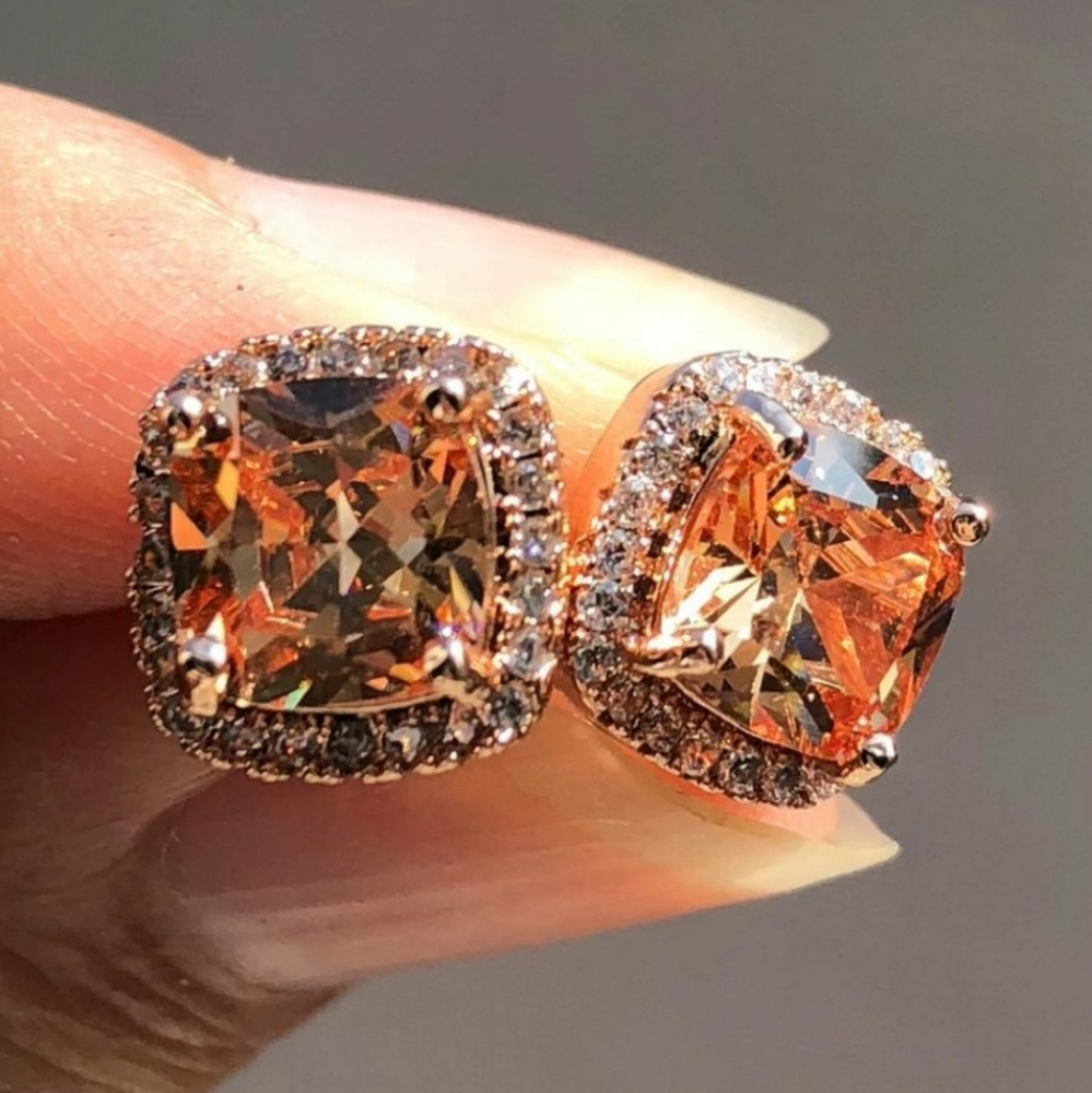 NEW Rose Gold Morganite Diamond Halo Stud Earrings